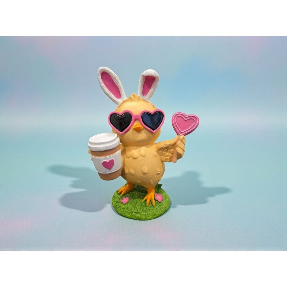 New Yellow Easter Chick Bird Holding A Coffe W/ Heart Sunglasses Figurine Decor